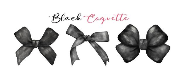 Black coquette ribbon bow aesthetic watercolor hand drawing banner. - Vector, Image