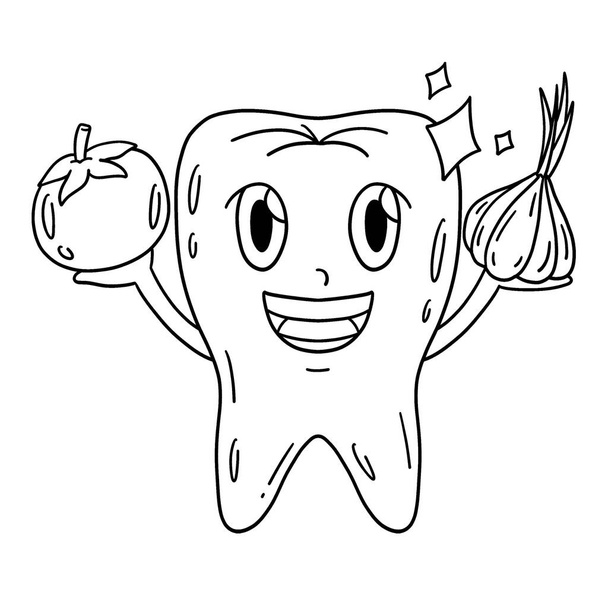 A cute and funny coloring page of a Dental Care Tooth and Vegetables. Provides hours of coloring fun for children. To color, this page is very easy. Suitable for little kids and toddlers. - Vector, Image