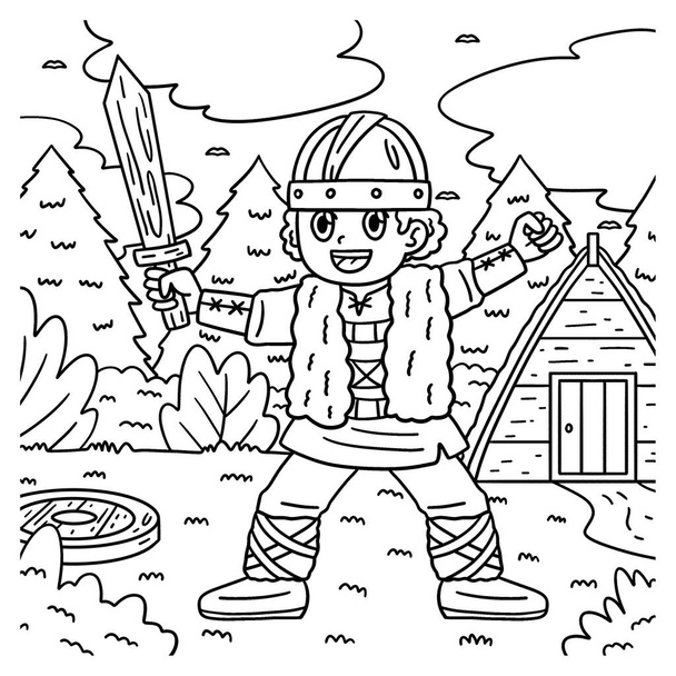 Una página para colorear linda y divertida de un niño vikingo con espada de madera. Proporciona horas de diversión para colorear para los niños. Para colorear, esta página es muy fácil. Apto para niños pequeños y niños pequeños. - Vector, imagen