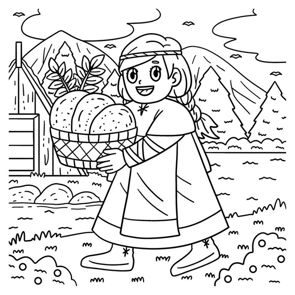 Una página para colorear lindo y divertido de un niño vikingo con una cesta de pan. Proporciona horas de diversión para colorear para los niños. Para colorear, esta página es muy fácil. Apto para niños pequeños y niños pequeños. - Vector, imagen