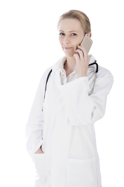 Close up Smiling Female Physician Calling on Phone - Foto, Imagem
