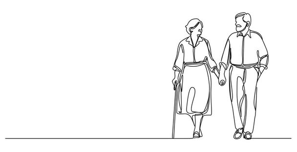 συνεχή μονή γραμμή σχέδιο του ηλικιωμένου ζεύγους περπάτημα χέρι-χέρι, γραμμή τέχνη διάνυσμα εικονογράφηση - Διάνυσμα, εικόνα