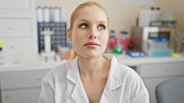 Een bedachtzame blonde vrouw in een labjas bedenkt zich in een heldere laboratoriumomgeving en toont professionaliteit in de gezondheidszorg. - Foto, afbeelding