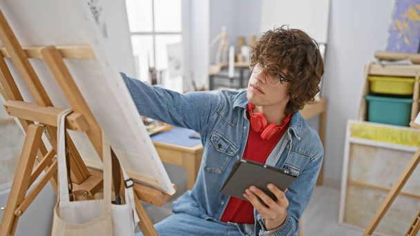 Young man with curly hair painting in a bright studio while holding a digital tablet and wearing headphones. - Photo, Image