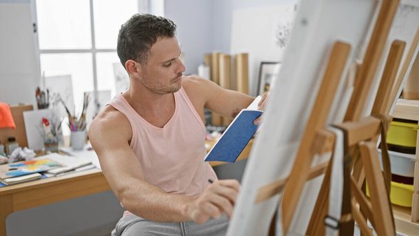 Um homem focado pintando sobre tela em um estúdio de arte brilhante, mostrando criatividade e concentração. - Foto, Imagem