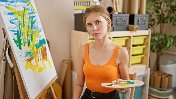 Una giovane artista donna caucasica con i capelli biondi tiene una tavolozza, meditando vicino al suo dipinto astratto colorato in uno studio al coperto. - Foto, immagini