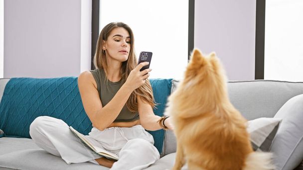 Junge hispanische Frau konzentriert sich und macht einen ernsten Gesichtsausdruck, während sie ein schönes Porträt ihres Haustiers mit ihrem Smartphone auf dem Sofa ihres Hauses macht - Foto, Bild