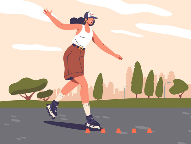 Graceful tienermeisje glijdt door het park op rolschaatsen, weven tussen kegels met moeiteloze vaardigheid op zonnige dag. Jonge vrouwelijke karakter Oefenen op rolschaatsen. Cartoon Vector Illustratie - Vector, afbeelding