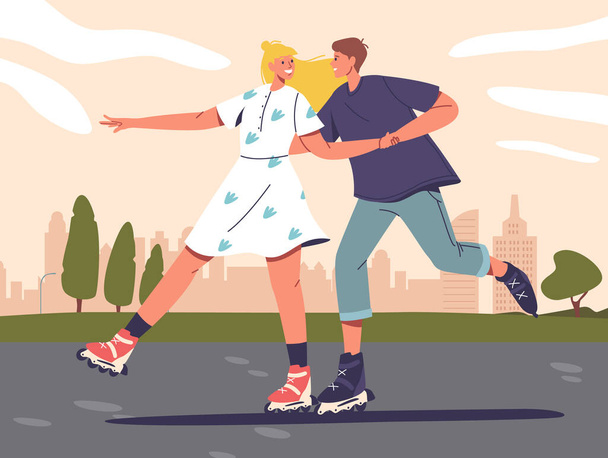 Mladé pár postav na kolečkových bruslích klouzat bez námahy, udržet rovnováhu. S koly pod nohama, navigovat City Park, vyzařovat radost a svobodu v pohybu. Vektorová ilustrace kreslených osob - Vektor, obrázek
