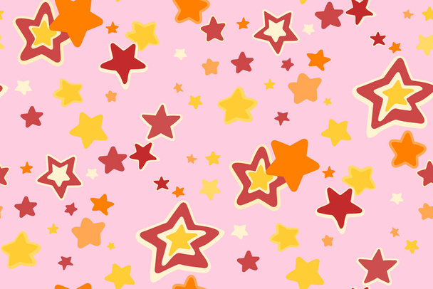 Girly ster roze naadloos patroon. Handgetekende oranje, rode en gele sterren. Doodle achtergrond voor kleine meisjes. Vectorillustratie - Vector, afbeelding