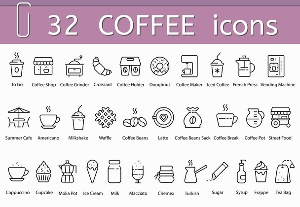 Kahve simgeleri ayarlandı, vektör düz siyah kahve ve kafe simgelerinin çizimi - Vektör, Görsel