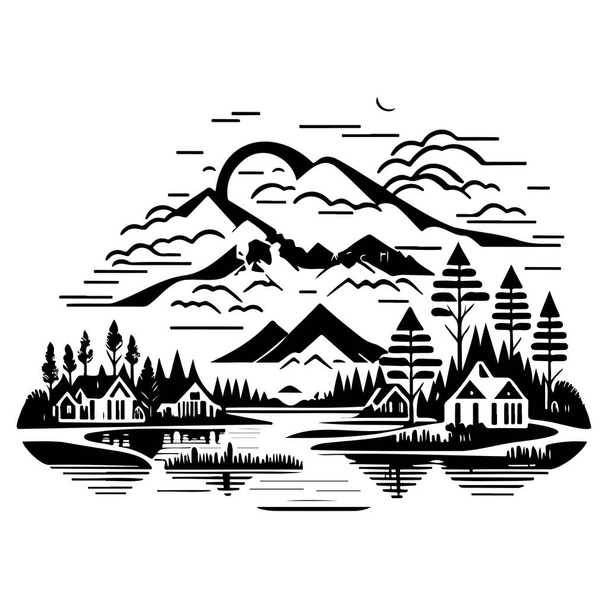 Сільська річка графічна ілюстрація Ескізний елемент малюнка - Вектор, зображення