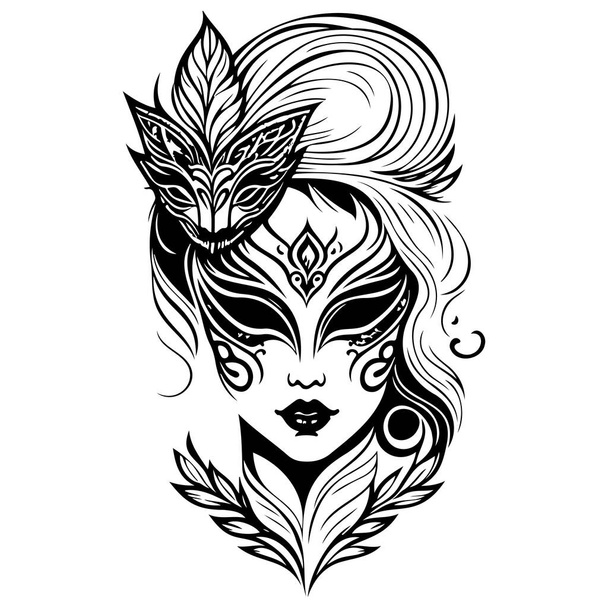 Mujer hermosa máscara de carnaval ilustración bosquejo dibujar elemento - Vector, Imagen