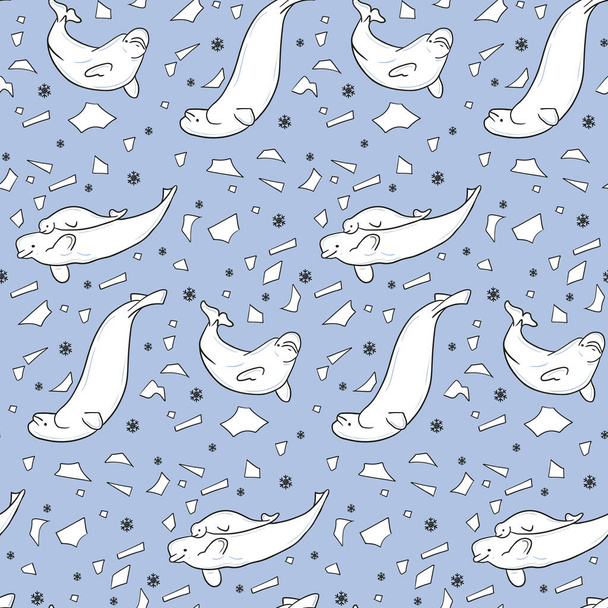 Nahtloses Muster mit arktischem Beluga. Kontur skizzierende Tiere und Eisschollen auf blauem Hintergrund. Trendy kindisches Print-Design für Textilien, Tapeten, Verpackungen - Vektor, Bild