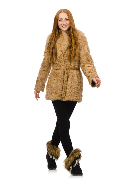 Redhead girl in fur coat isolated on white - Foto, afbeelding