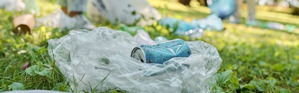 Ένα κουτάκι σόδα στηρίζεται σε μια πλαστική σακούλα στο καταπράσινο γρασίδι ενός πάρκου, σε αντίθεση με το πράσινο φόντο. - Φωτογραφία, εικόνα