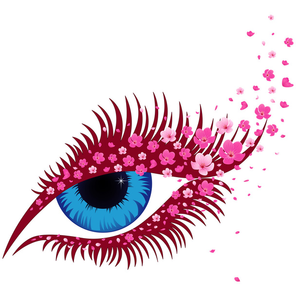 Female blue eye with small pink sakura flowers - Vector, afbeelding