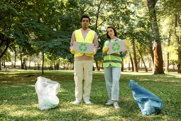 Ένα ποικίλο ζευγάρι με γιλέκα ασφαλείας και γάντια στέκονται στο γρασίδι, καθαρίζοντας το πάρκο μαζί, ενσαρκώνοντας την αγάπη και την περιβαλλοντική ευθύνη. - Φωτογραφία, εικόνα