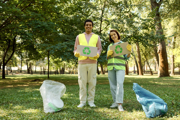 Una pareja diversa en chalecos y guantes de seguridad sosteniendo carteles en un parque, promoviendo la conciencia ambiental y la acción comunitaria. - Foto, Imagen