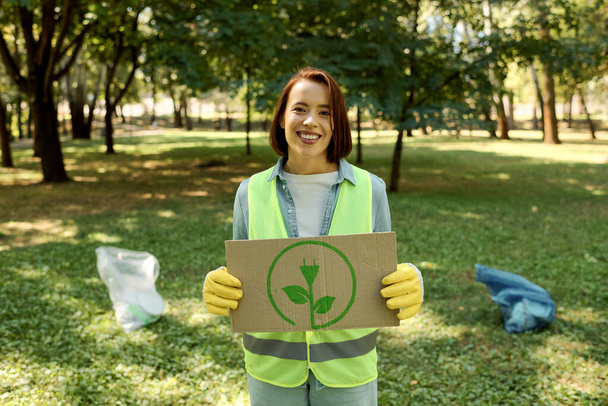 Una mujer en un chaleco verde sostiene un signo de cartón, su expresión refleja una petición de ayuda o conciencia. - Foto, Imagen