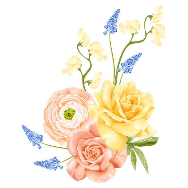 黄色いバラと春の花束,ピンクのランクルス,青いヒヤシンスイートの花と甘いエンドウ豆. 白い背景のストックベクトルイラスト. - ベクター画像