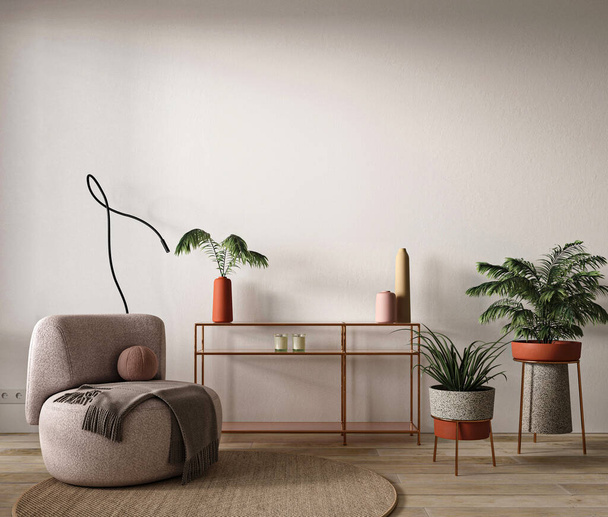 Nowoczesny salon z designerskimi meblami, abstrakcyjną lampą podłogową i żywymi roślinami domowymi na eleganckich półkach - Zdjęcie, obraz