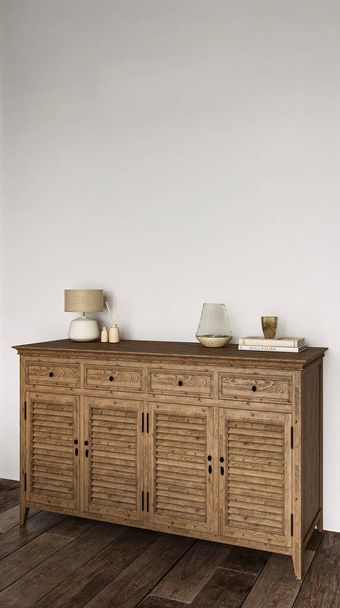 Buffet en bois décoré avec goût avec d'élégants accessoires pour la maison sur fond blanc minimaliste - Photo, image