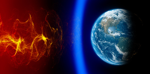 Ήλιος και ηλιακή καταιγίδα, μαγνητικό πεδίο της Γης, γήινος και ηλιακός άνεμος, ροή σωματιδίων. Αυξημένες θερμοκρασίες. Το φαινόμενο του θερμοκηπίου. Τρύπα όζοντος. 3d απόδοση - Φωτογραφία, εικόνα