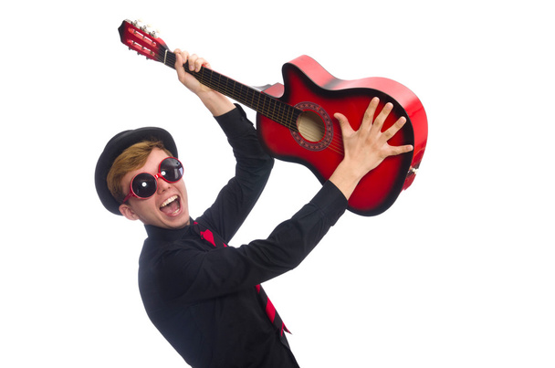 Positive boy with guitar isolated on white - Photo, Image