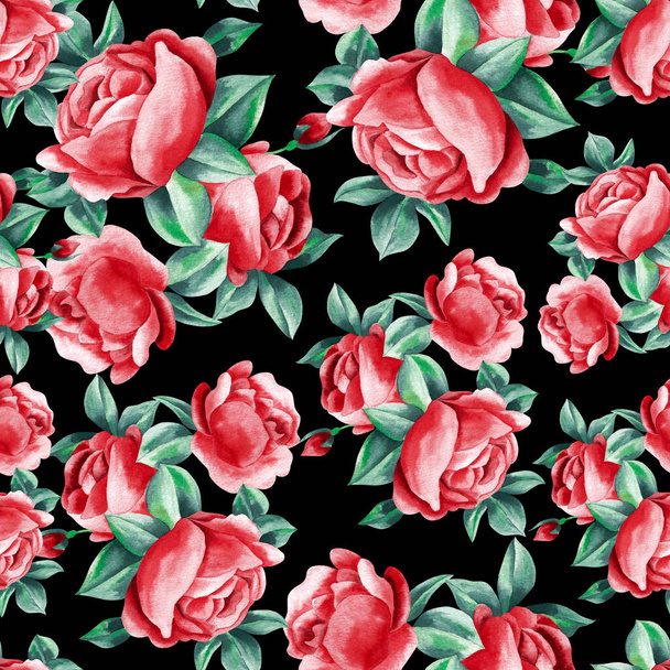 Watercolor flowers pattern, red tropical elements, green leaves, black background, seamless - Foto, Imagem