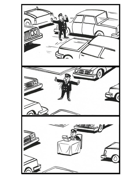 3 panel de dibujos animados BW de policía detener el tráfico en todas las direcciones para que pueda establecer una mesa, en el centro de la intersección, y comer su almuerzo. - Foto, imagen