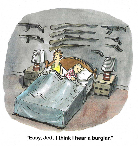 Väri sarjakuva pari sängyssä myöhään yöllä. Aviomies säilyttää monia aseitaan parin sängyn yläpuolella. Aviomies on innokas kuulemaan, että vaimo luulee kuulevansa murtovarkaan.. - Valokuva, kuva