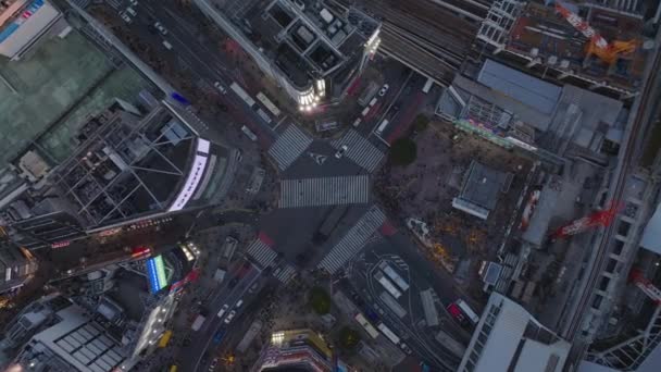 Felülről lefelé ereszkedő felvételek a Shibuya Scramble Crossingon áthaladó járművekről. Népszerű zsúfolt hely Metropolisban. Tokió, Japán. - Felvétel, videó