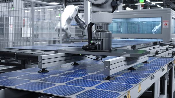 Maquinaria pesada en la fábrica de paneles solares de vanguardia maniobrando módulos fotovoltaicos. Células fotovoltaicas producidas en instalaciones basadas en energía sostenible con líneas de montaje, ilustración 3D - Foto, Imagen