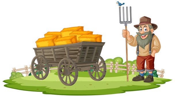 Smiling farmer standing next to a hay-filled wagon. - Vector, Image