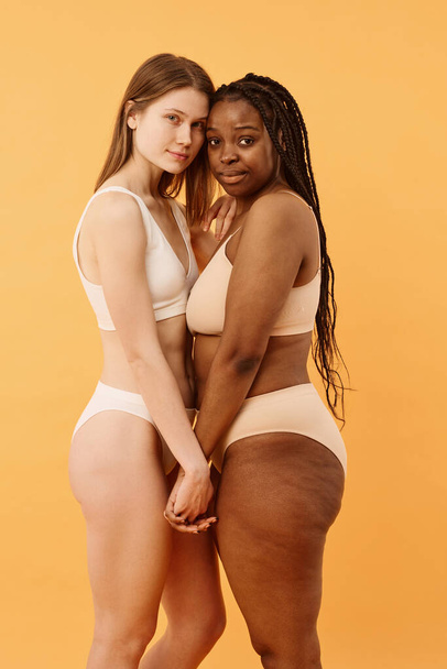 Verticaal medium lang studio portret van twee diverse zwarte en blanke vrouwen in comfortabel ondergoed poseren voor de camera - Foto, afbeelding