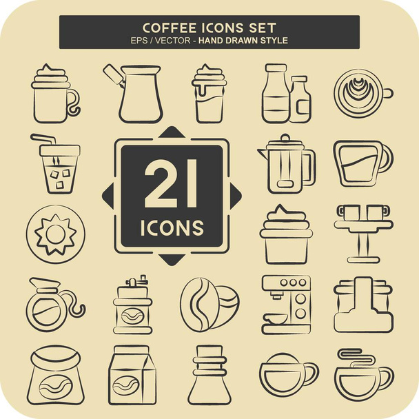 Ikona zestaw kawy. związane z symbolem napoju. ręcznie rysowany styl. prosty projekt można edytować. prosta ilustracja - Wektor, obraz