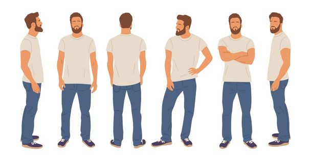 Casual man character standing in different poses front, rear, side view. Handsome bearded guy in white t-shirt, blue jeans, sneakers. Set of vector realistic illustrations isolated on white background - Vector, Image