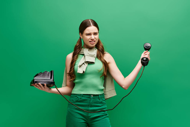 Стильна молода жінка в 20 років тримає старовинний телефон в обстановці студії. - Фото, зображення