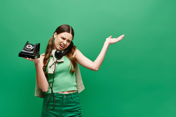 Una joven de unos 20 años sostiene una cámara mientras habla en un teléfono retro en un entorno de estudio con un fondo verde. - Foto, Imagen