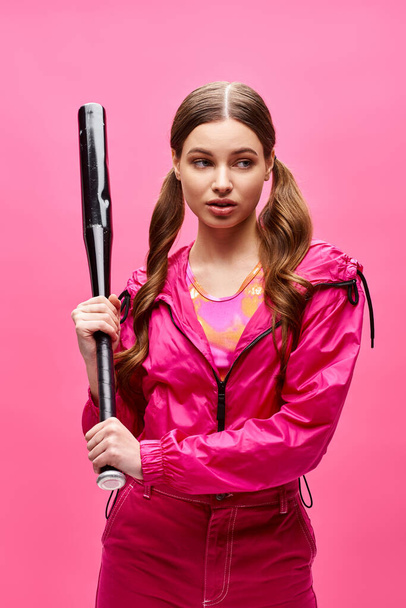 A stylish woman in her 20s, donned in a pink outfit, confidently holds a baseball bat in a vibrant studio setting. - Photo, Image