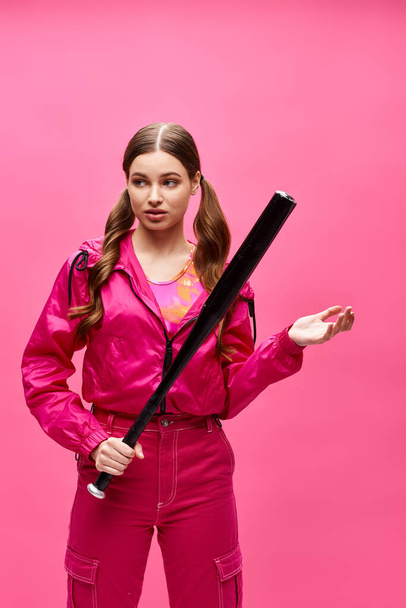 Молода стильна жінка в 20 років в рожевому вбранні витончено тримає чорну бейсбольну кажана в студії з рожевим тлом. - Фото, зображення