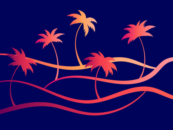 Trópusi hullám táj pálmafákkal naplementekor minimalista stílusban. Nyári trópusi táj pálmafákkal, művészi stílusban. Tervezés póló és banner nyomtatásához. Vektorillusztráció - Vektor, kép