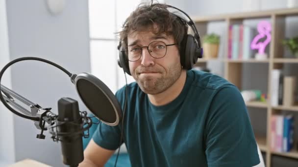 ラジオスタジオで若いヒスパニックの男,ヘッドセットヘッドフォンが問題,深刻で神経質な表現に直面する懐疑的な疑問 - 映像、動画