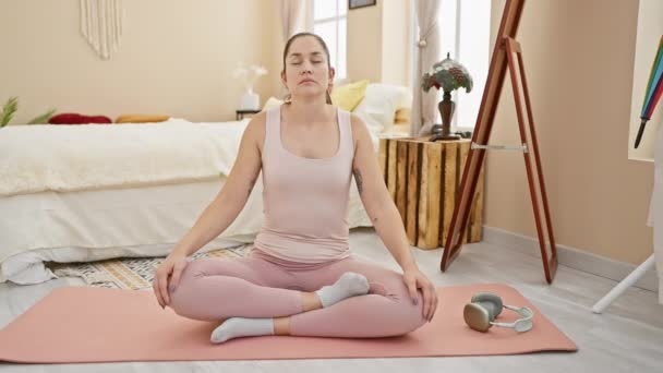 Seesteinen nainen meditoi joogamatolla sotkuisessa makuuhuoneessa, johon sisältyy tietoisuus ja rauhallisuus.. - Materiaali, video