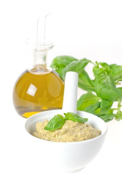 Pesto with basil, cheese and oil bottle - Foto, imagen