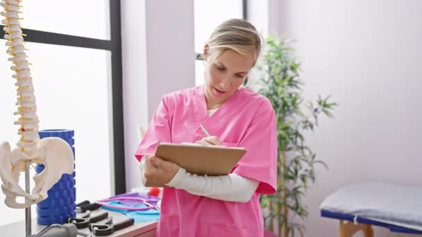 手首ブレースのピンクの医療スクラブに焦点を当てた女性が明るい理学療法クリニックのクリップボードに書きます. - 映像、動画