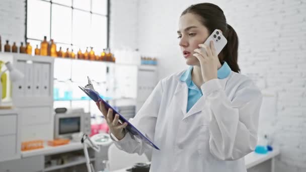 Een jonge blanke vrouw gezondheidszorg professionele gesprekken op een telefoon in een fel verlichte apotheek, met een klembord. - Video