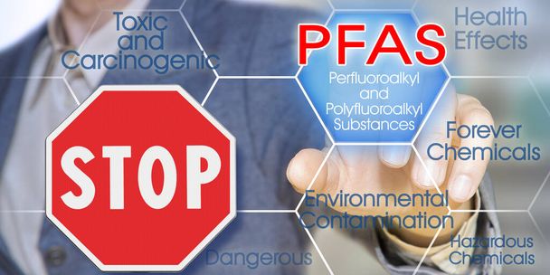 Stop dangerous PFAS - Perfluoroalkyl and Polyfluoroalkyl Substances, synthetic organofluorine chemical compounds - Concept with stop road sign - Photo, Image