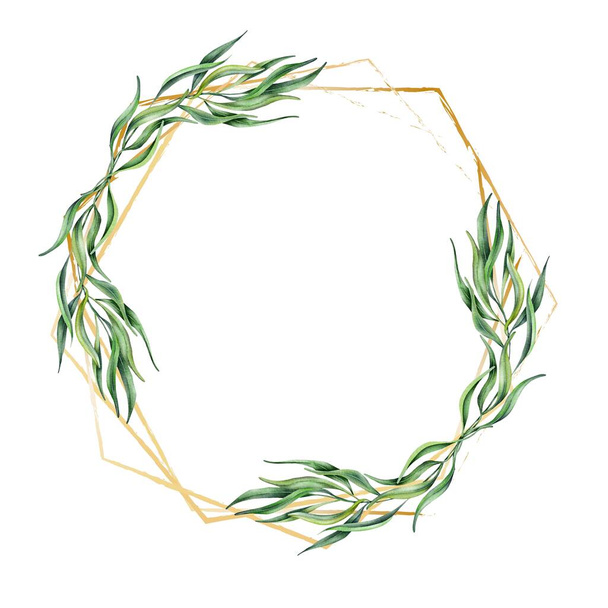 Watercolor Willow twig with leaves gold wreath. Eucalyptus frame. Perfect for cards, logo, decorations, invitations, cosmetic designs. - Photo, Image